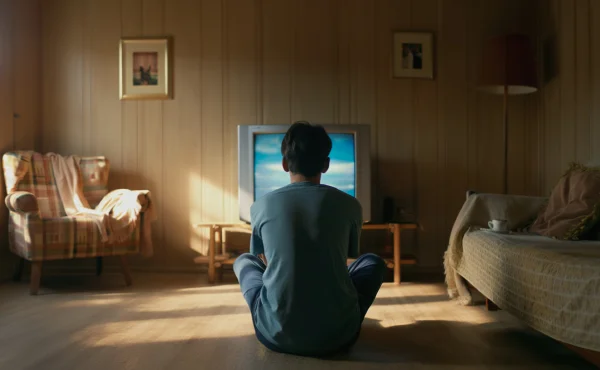 Человек сидит на полу и смотрит в телевизор